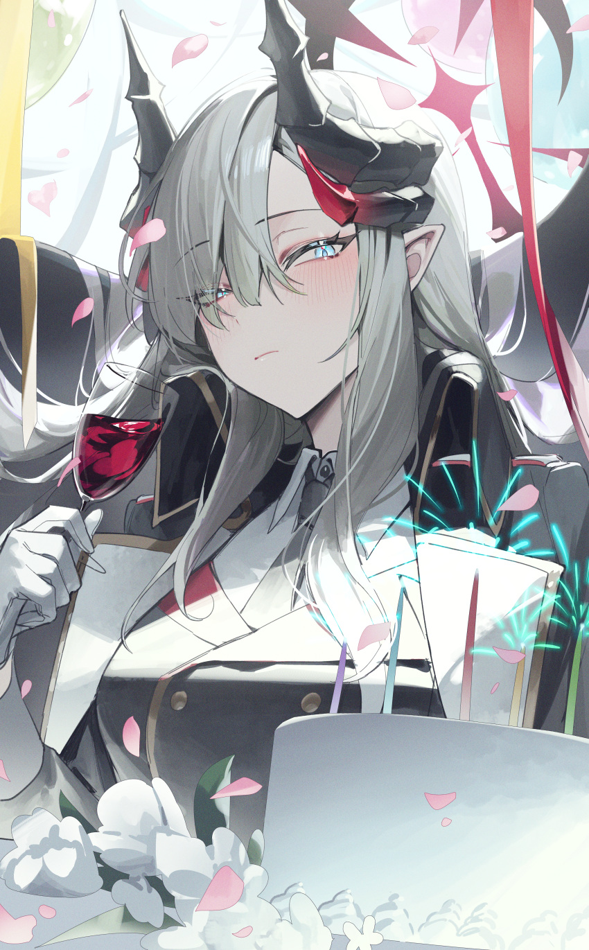 1girl, absurdres, balloon, birthday_cake, black_horns, blue_archive, blush, cake