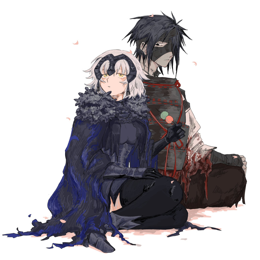 1boy, 1girl, armor, bandage_over_one_eye, bandaged_arm, bandaged_head, bandages, black_armor