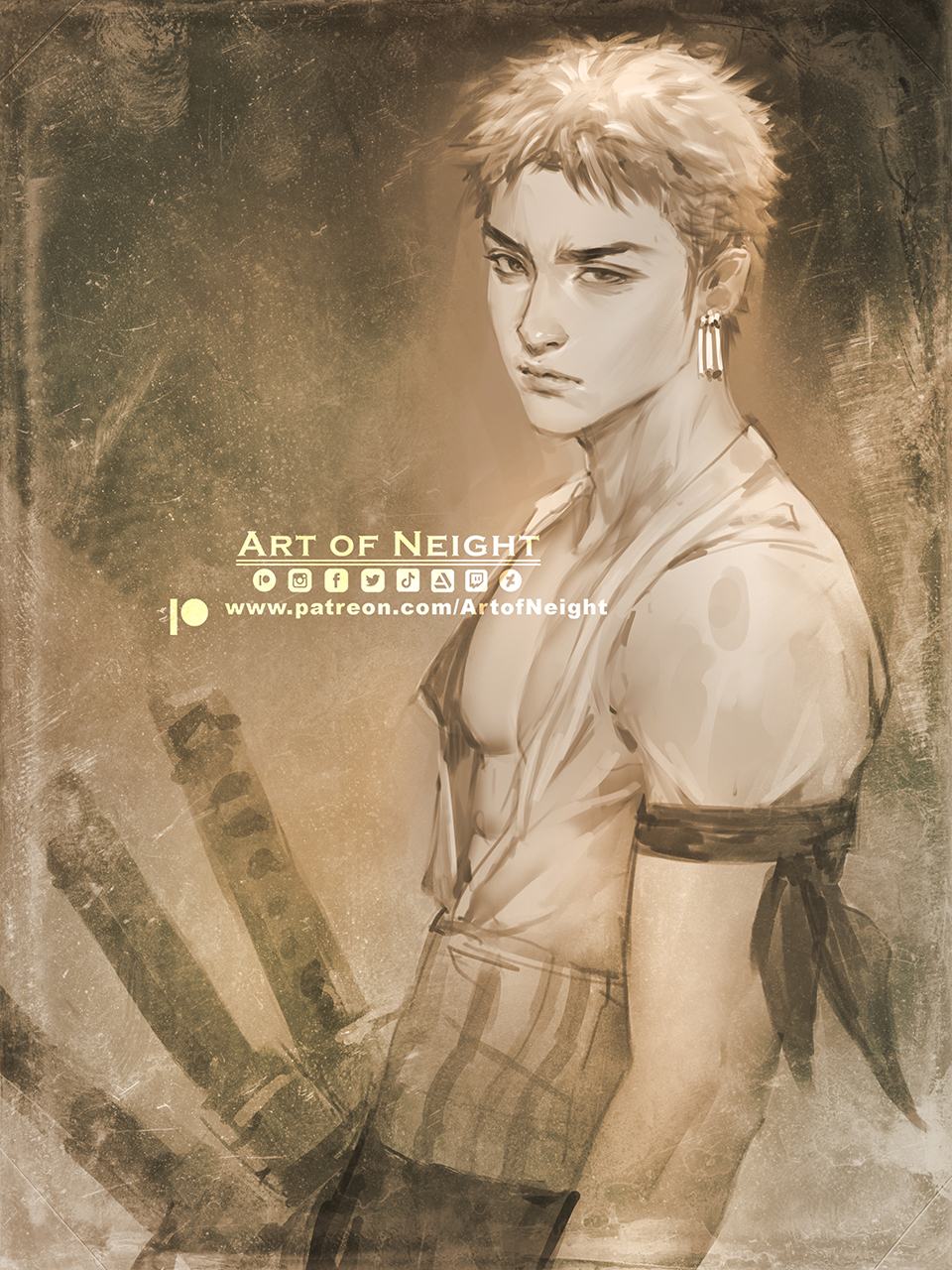 1boy, art_of_neight, artist_name, artstation_logo, bandana, bandana_around_arm, closed_mouth, commentary