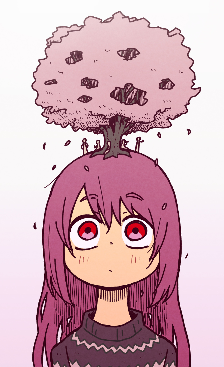 1girl, black_sweater, cherry_blossoms, closed_mouth, gradient_background, highres, long_hair, mini_person