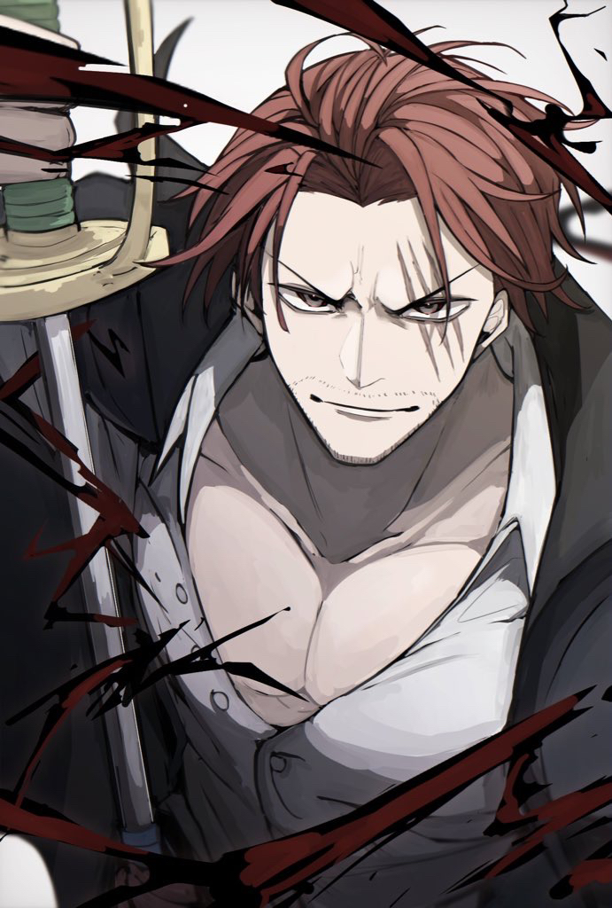 1boy, 2409walker, closed_mouth, commentary_request, facial_hair, holding, holding_sword, holding_weapon, male_focus, one_piece, redhead, scar, scar_across_eye, scar_on_face, shanks_(one_piece), shirt, short_hair, smile, solo, sword, weapon, white_shirt