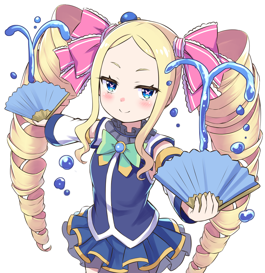 1girl, aqua_(konosuba), aqua_(konosuba)_(cosplay), beatrice_(re:zero), blonde_hair, blue_eyes, blue_shirt, blue_skirt