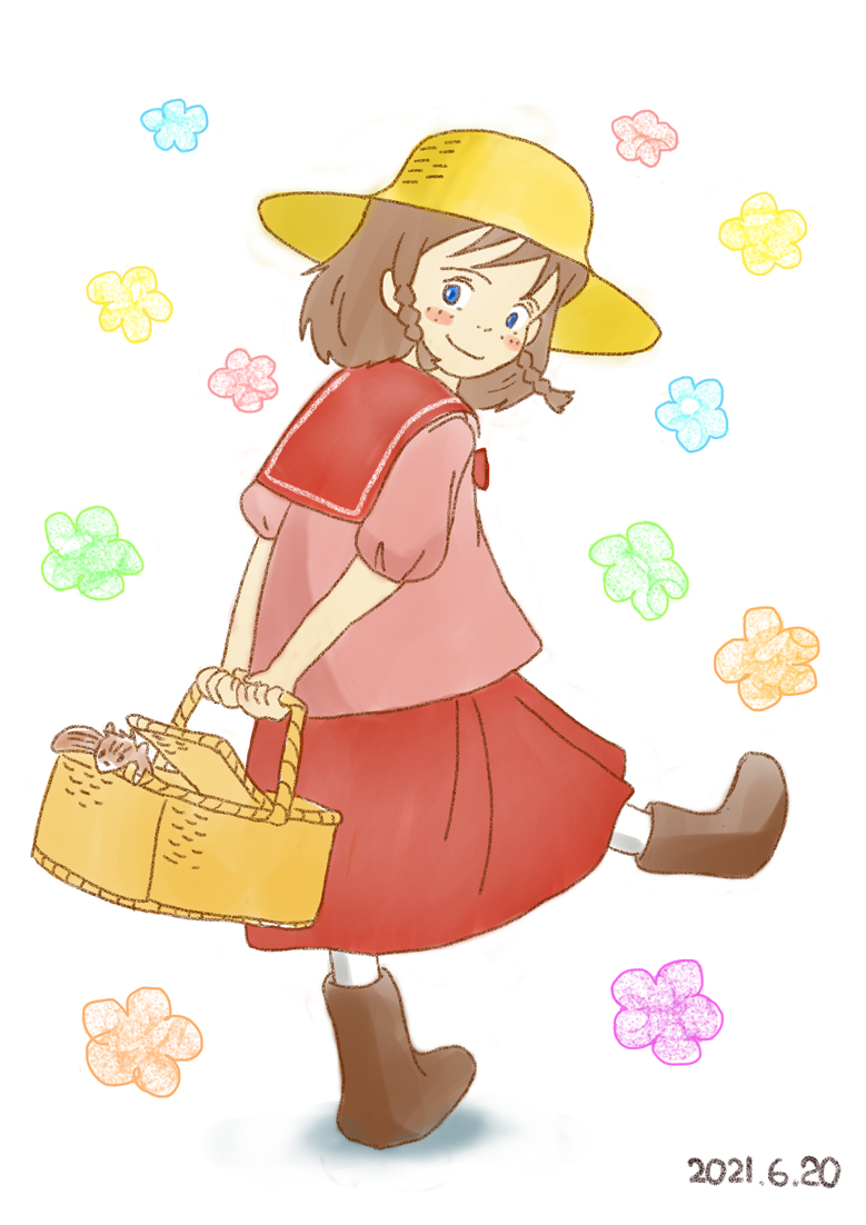 1girl, ai_shoujo_pollyanna_monogatari, basket, blue_eyes, blush_stickers, braided_sidelock, brown_footwear, brown_hair, closed_mouth, dated, freckles, full_body, holding, holding_basket, holding_behind_back, looking_back, pink_shirt, pollyanna_whittier, red_skirt, sailor_collar, shigenai_kuro, shirt, short_sleeves, skirt, smile, solo, squirrel
