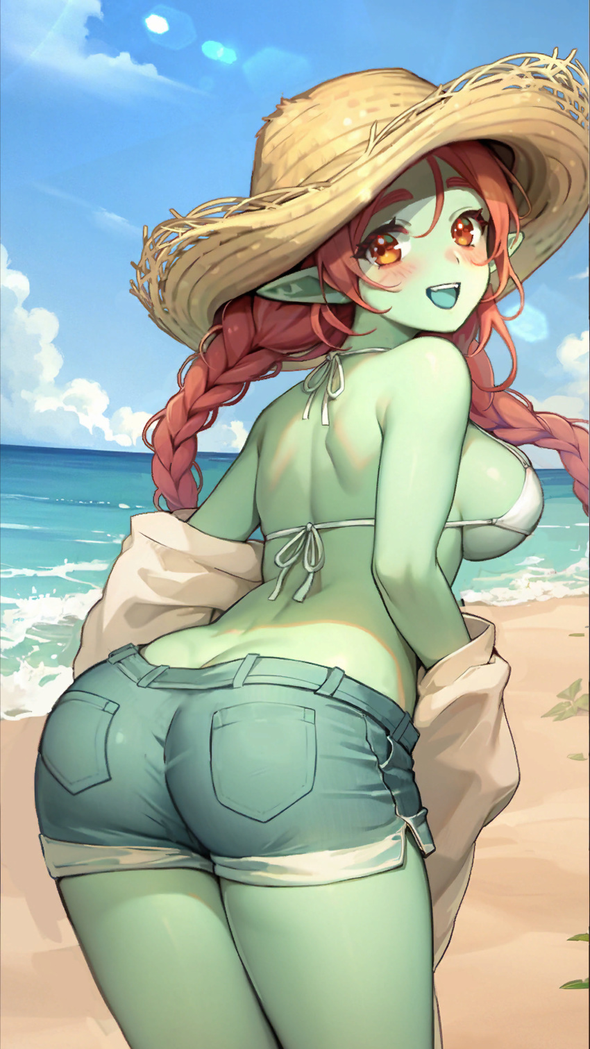 1girl, :d, absurdres, ai-generated, ass, bent_over, blue_tongue, blush, braid, breasts, charlotte_(isekai:_slow_life), colored_skin, colored_tongue, denim, denim_shorts, female_goblin, goblin, green_skin, hand_up, hat, highres, isekai:_slow_life, legs, long_hair, looking_at_viewer, medium_breasts, monster_girl, non-web_source, one_eye_closed, open_mouth, pointy_ears, red_eyes, redhead, shirt, shorts, smile, straw_hat, thigh_gap, thighs, twin_braids, twintails