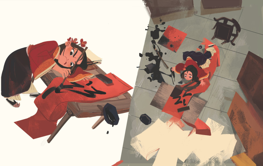 1girl, :p, aged_down, banner, black_eyes, black_footwear, black_hair, black_skirt, blunt_ends, calligraphy_brush, chair, child, chinese_clothes, chinese_new_year, closed_mouth, commentary, english_commentary, fa_mulan_(disney), flower, from_above, frown, hair_flower, hair_ornament, highres, holding, holding_calligraphy_brush, holding_paintbrush, indoors, ink_splatter, inkwell, long_skirt, long_sleeves, looking_at_object, mulan, multiple_views, paintbrush, pants, paper, red_flower, red_shirt, shirt, shoes, short_hair, skirt, sophieli, spilling, table, tile_floor, tiles, tongue, tongue_out, v-shaped_eyebrows, white_pants, wide_sleeves
