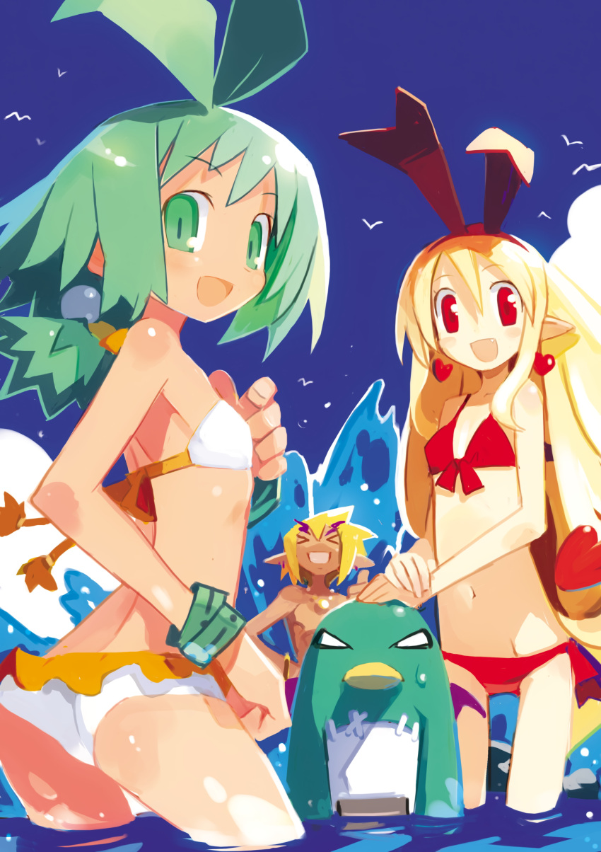 >_<, 1boy, 2girls, :d, absurdres, akutare_(disgaea), angry, antenna_hair