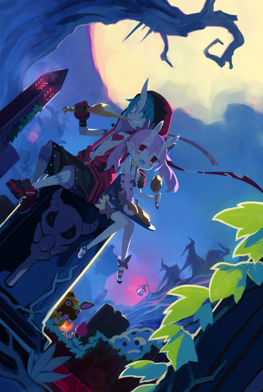 1boy, 1girl, absurdres, bieko_(disgaea), blue_hair, cerberus_(disgaea), disgaea, dog