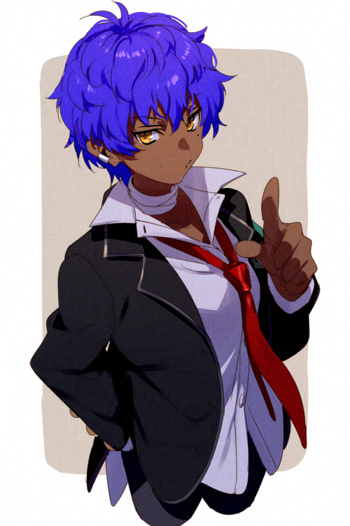 1boy, bandaged_neck, bandages, black_jacket, collared_shirt, commentary_request, dark-skinned_male, dark_skin