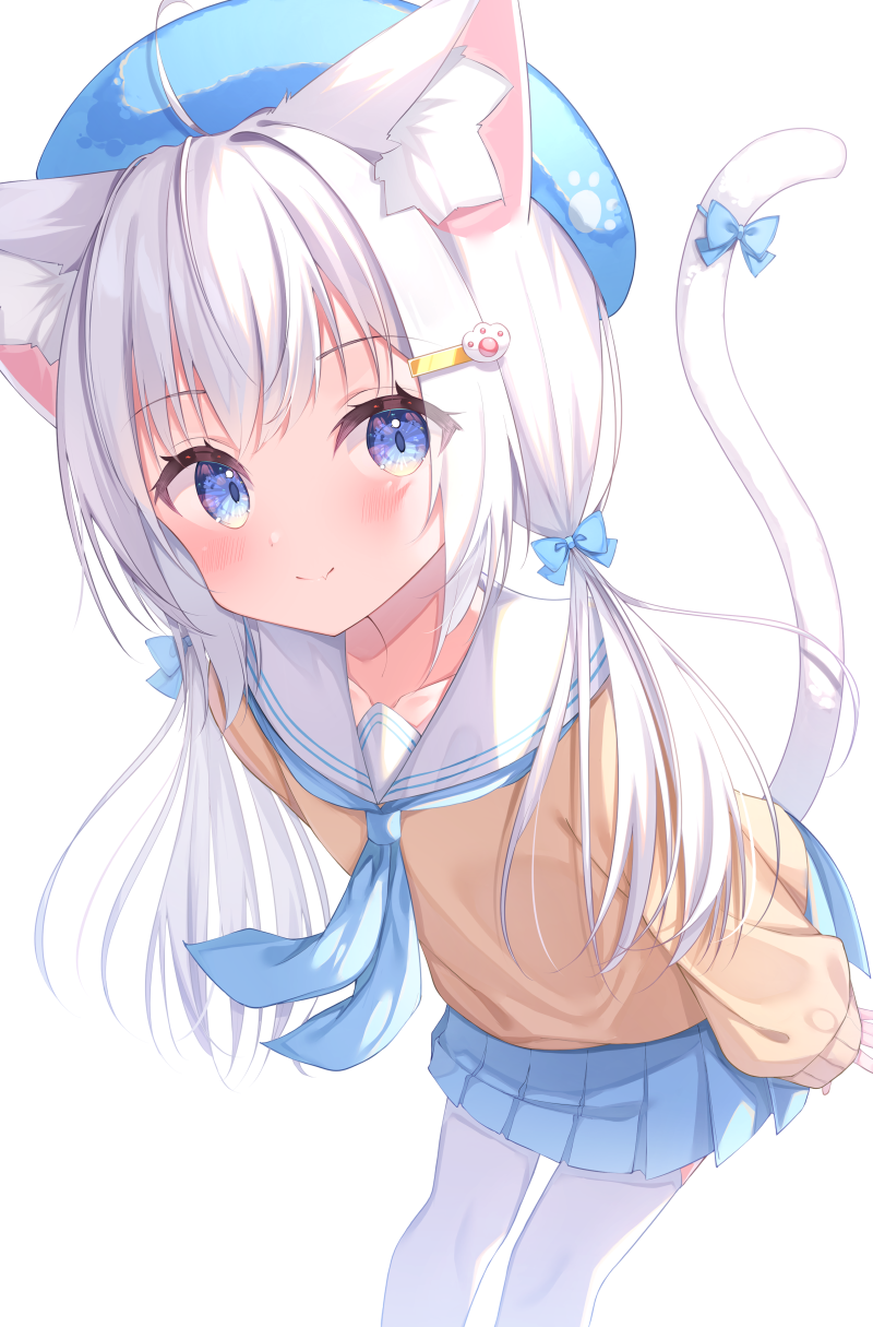 1girl, ahoge, animal_ear_fluff, animal_ears, beret, blue_bow, blue_eyes, blue_skirt