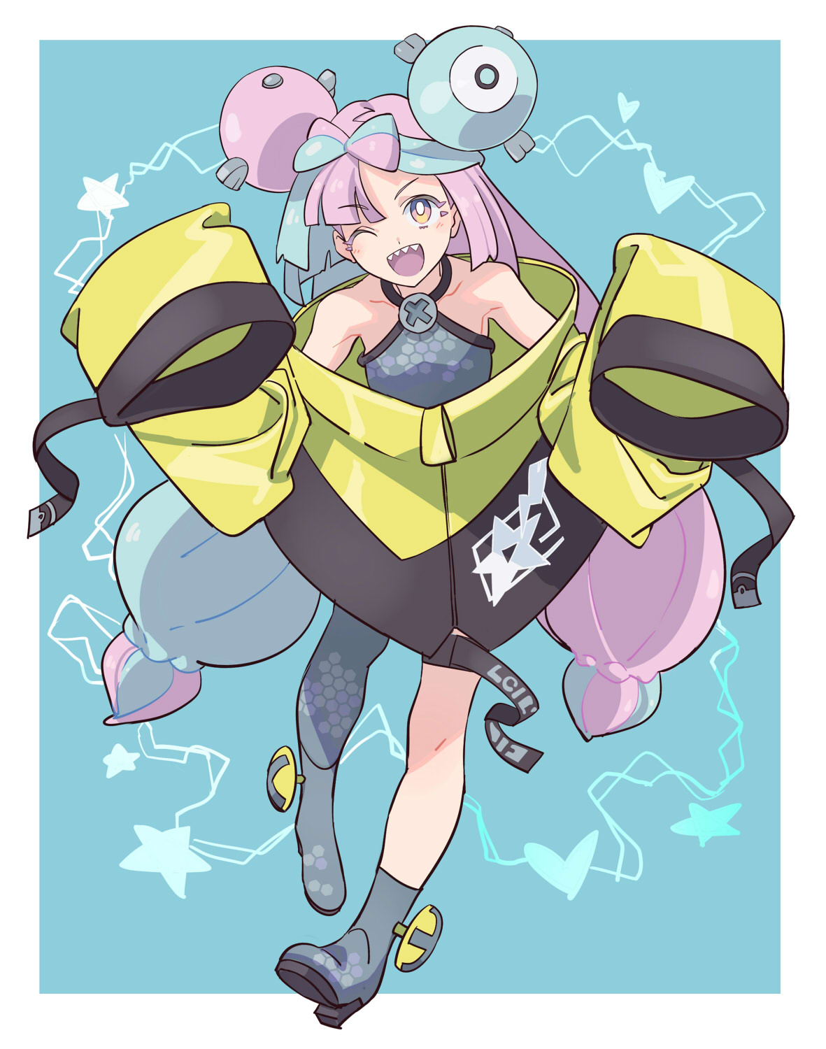 1girl, bare_shoulders, blue_background, blue_hair, bow-shaped_hair, collarbone, futa_yuri_ryona, grey_pantyhose, grey_shirt, highres, iono_(pokemon), jacket, light_blue_hair, long_hair, multicolored_hair, off-shoulder_jacket, off_shoulder, one_eye_closed, pantyhose, pink_eyes, pink_hair, pokemon, pokemon_sv, shirt, single_leg_pantyhose, sleeves_past_fingers, sleeves_past_wrists, solo, twintails, two-tone_hair, very_long_hair, very_long_sleeves, wide_sleeves, yellow_jacket