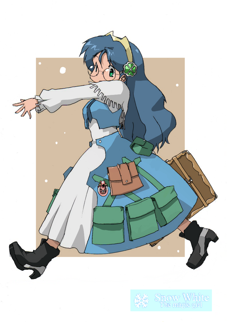 1girl, bag, black_footwear, blue_dress, blue_hair, border, clover_hair_ornament, dress