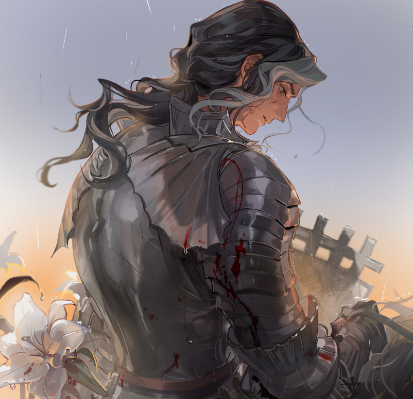 1boy, armor, black_hair, blood, blood_on_clothes, blood_on_face, breastplate, brown_eyes