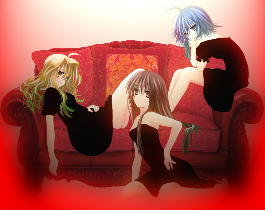 bad_id, contemporary, couch, dress, hakurei_reimu, hassaku, hassaku_(misukoso), izayoi_sakuya, kirisame_marisa, touhou