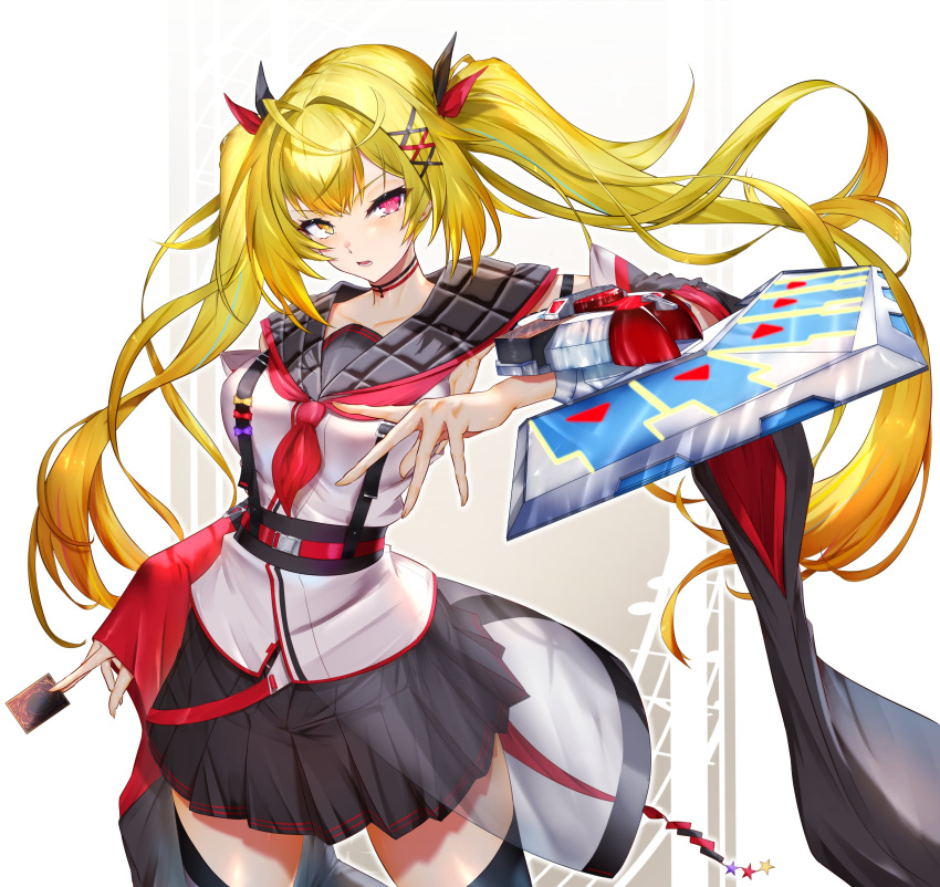 1girl, absurdres, armpits, black_ribbon, black_skirt, black_sleeves, blonde_hair, card