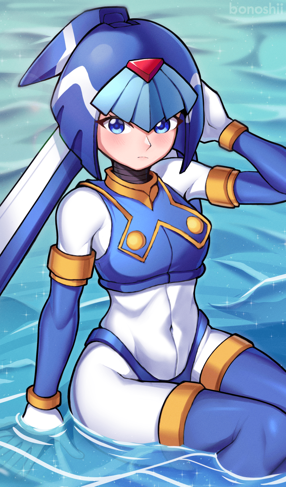 1girl, armor, artist_name, blue_armor, blue_eyes, blue_helmet, blush, bonoshii