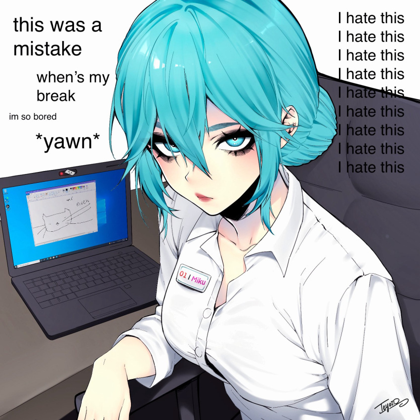 blue_eyes, blue_hair, collared_shirt, computer, hair_bun, hatsune_miku, highres, laptop