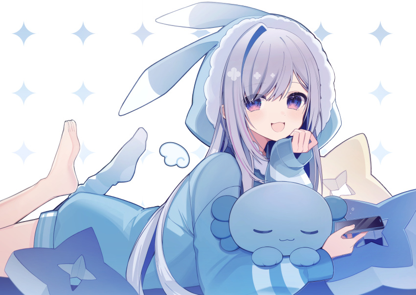 1girl, :3, :d, absurdres, alternate_costume, amane_kanata, angel_wings, animal_hood