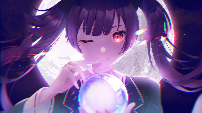 1girl, arm_up, ball, black_jacket, black_ribbon, blazer, chromatic_aberration, commentary_request