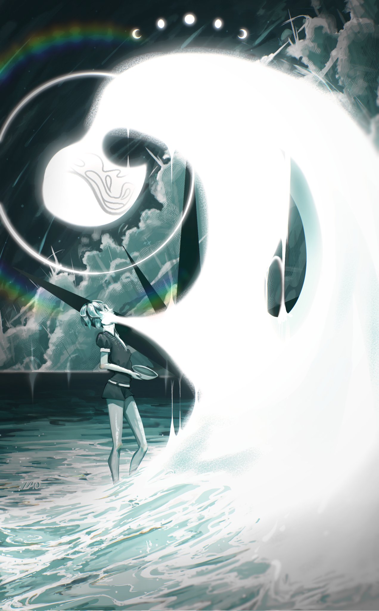 2others, androgynous, aqua_hair, artist_name, bowl, clouds, dual_persona, english_commentary