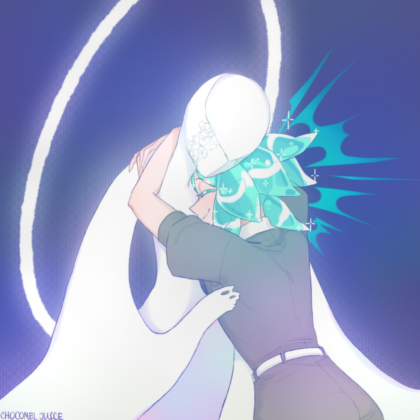2others, androgynous, aqua_hair, arms_up, chocomel_ju1ce, closed_eyes, crystal_hair, dual_persona
