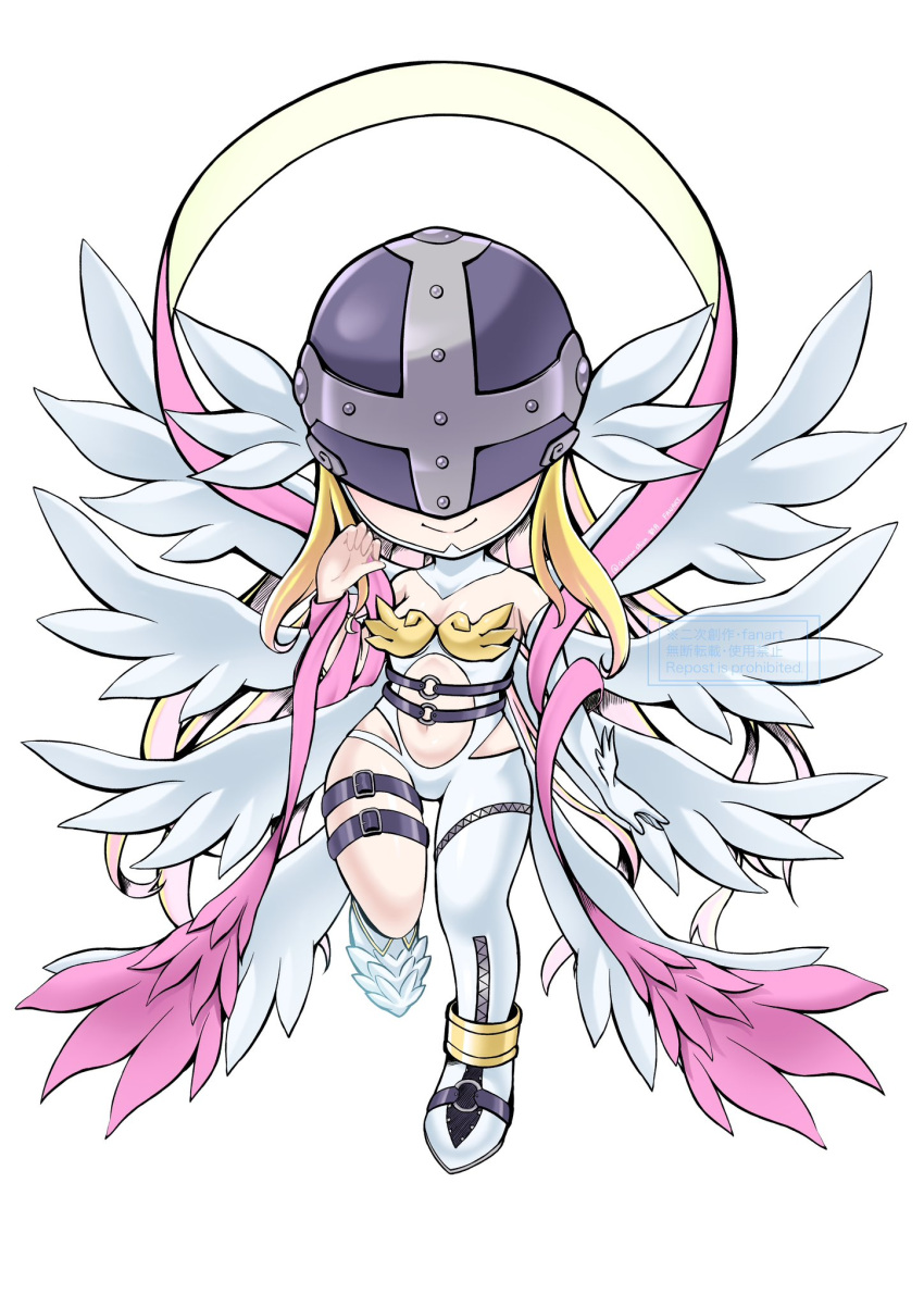 1girl, angel, angel_wings, angewomon, armor, asymmetrical_legwear, bare_shoulders, belt