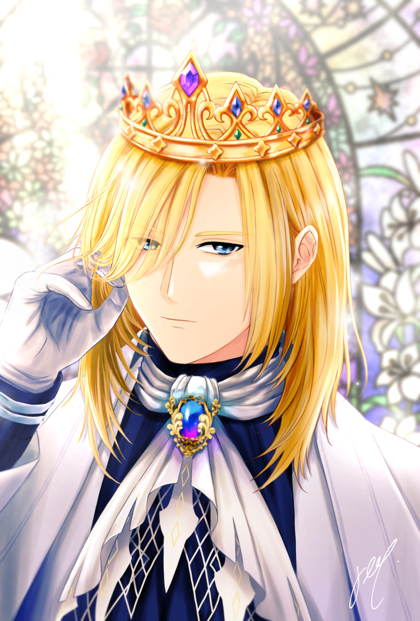 1boy, ascot, bishounen, blonde_hair, blue_brooch, blue_eyes, blue_gemstone, blue_shirt
