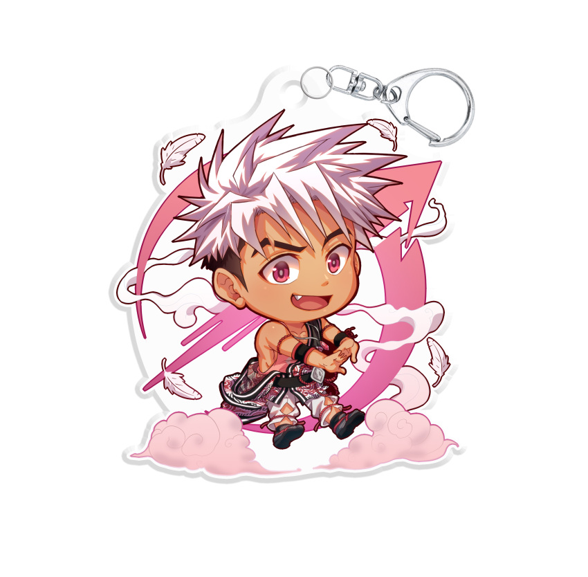 1boy, absurdres, character_charm, charm_(object), chibi, clouds, fang, fang_out