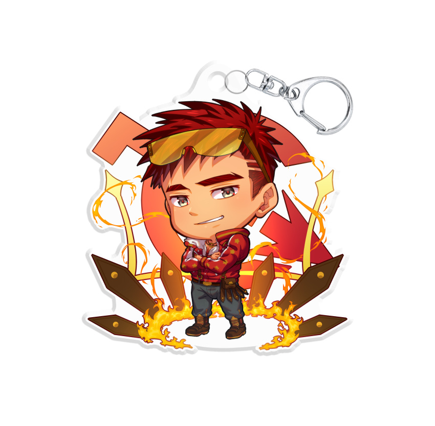 1boy, absurdres, blue_pants, brown_footwear, character_charm, charm_(object), chibi, crossed_arms