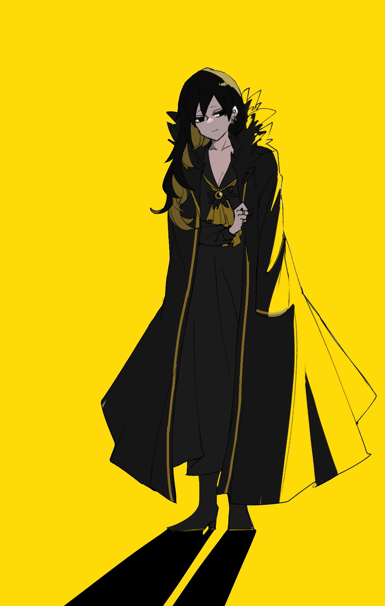 0o0onnk, 1girl, ascot, binah_(project_moon), black_cape, black_dress, black_eyes, black_footwear, black_hair, black_sailor_collar, blonde_hair, boots, cape, closed_mouth, colored_inner_hair, dress, full_body, highres, library_of_ruina, looking_to_the_side, multicolored_hair, project_moon, sailor_collar, simple_background, solo, yellow_ascot, yellow_background