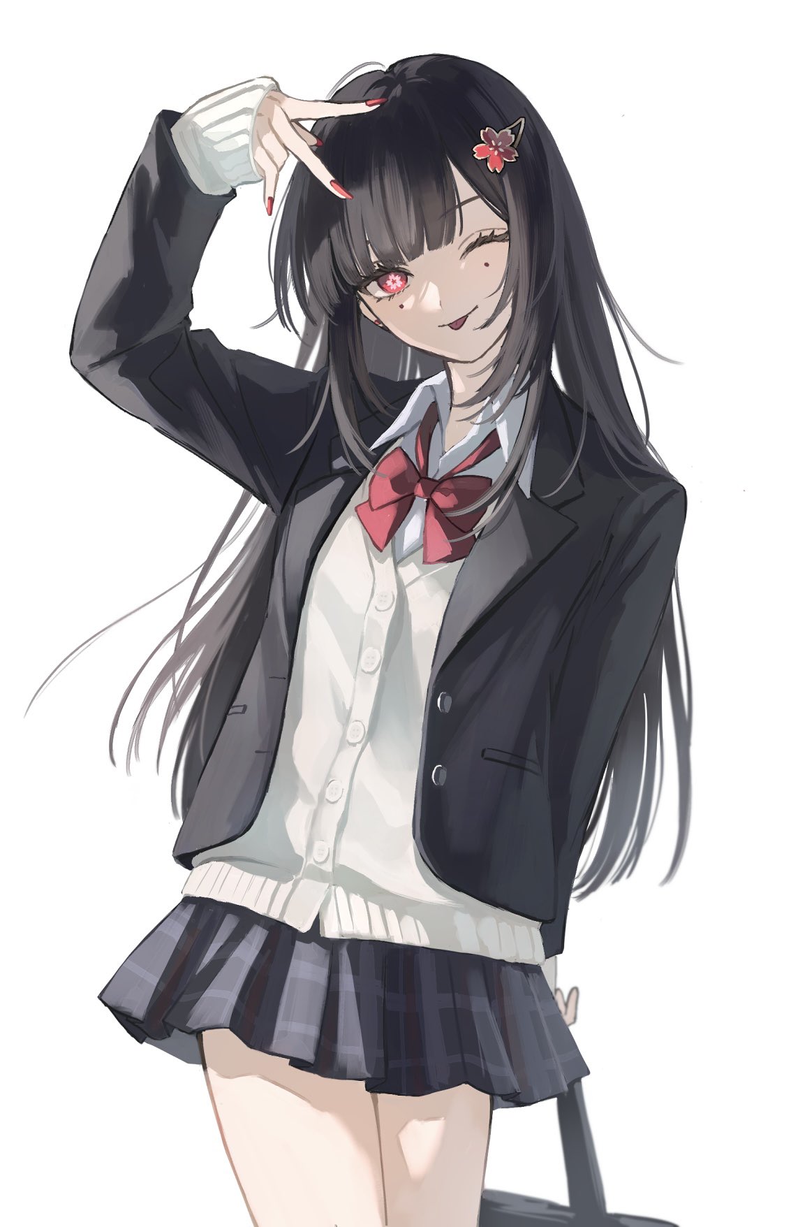 1girl, arm_up, bag, black_bag, black_coat, black_hair, black_skirt, bow, bowtie, cardigan, coat, commentary, cowboy_shot, fingernails, firefly_(honkai:_star_rail), flower-shaped_pupils, hair_ornament, highres, holding, holding_bag, honkai:_star_rail, honkai_(series), long_hair, looking_at_viewer, miniskirt, misaki_(mskmmti), mole, mole_under_each_eye, mole_under_eye, multiple_moles, nail_polish, official_alternate_costume, one_eye_closed, pinky_out, pleated_skirt, red_bow, red_bowtie, red_eyes, red_nails, school_uniform, shirt, simple_background, skirt, solo, symbol-only_commentary, symbol-shaped_pupils, thighs, tongue, tongue_out, v, white_background, white_cardigan, white_shirt