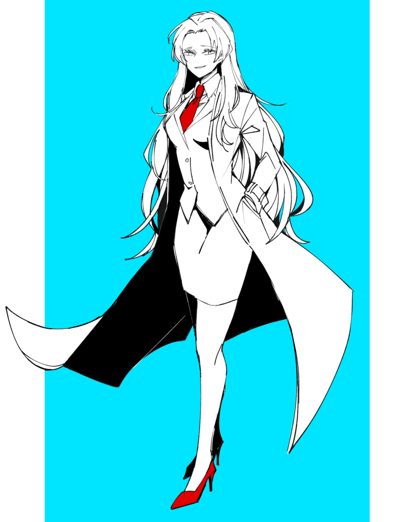 0o0onnk, 1girl, angela_(project_moon), blue_background, collared_shirt, full_body, greyscale_with_colored_background, high_heels