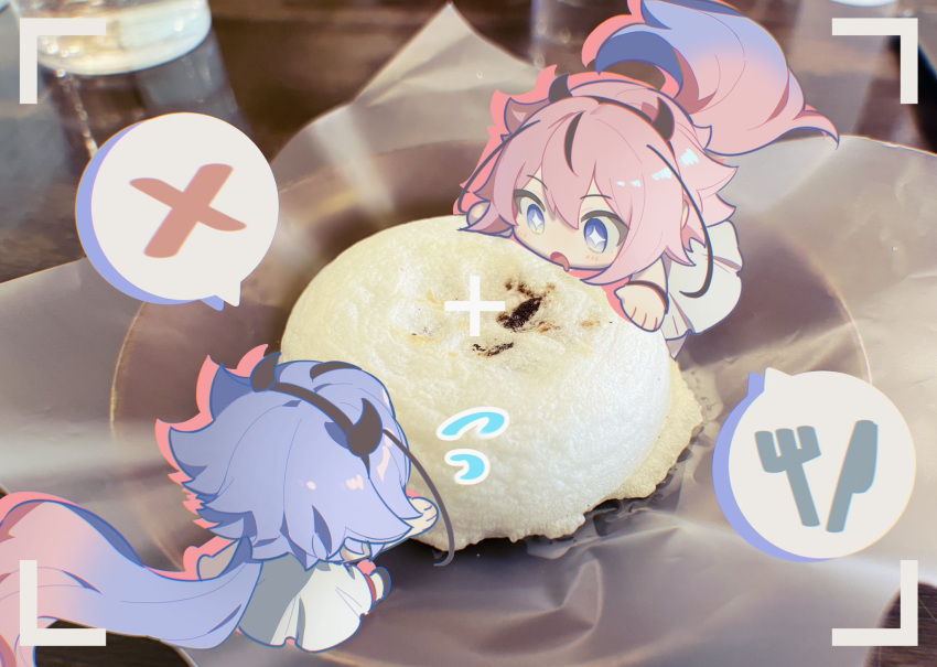 +_+, 2others, alternate_hairstyle, blue_eyes, blue_hair, blush, cafe, chibi