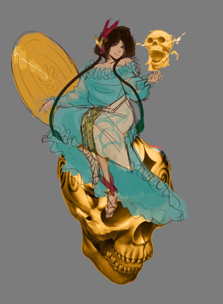 1girl, anklet, arabian_clothes, blue_dress, braid, brown_hair, bug, butterfly