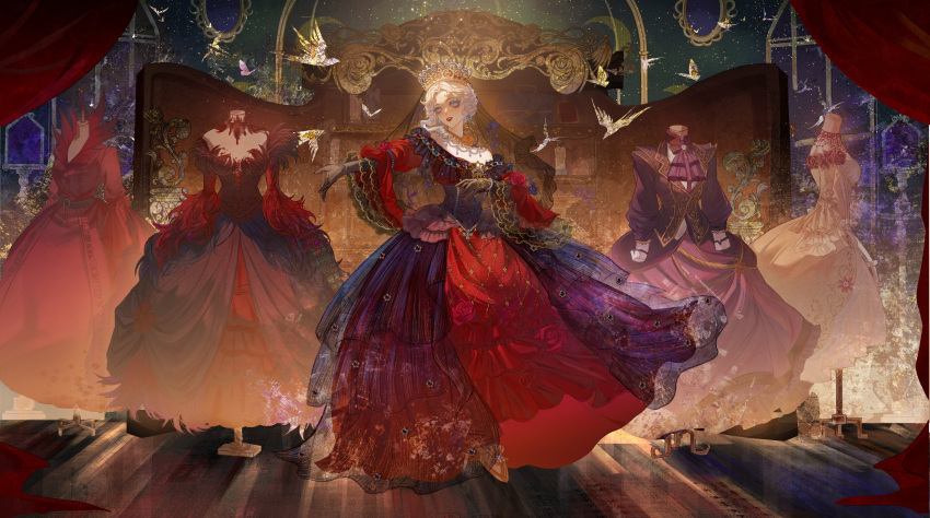 1girl, absurdres, bell_sleeves, bird, black_dress, black_gloves, black_veil, blank_eyes