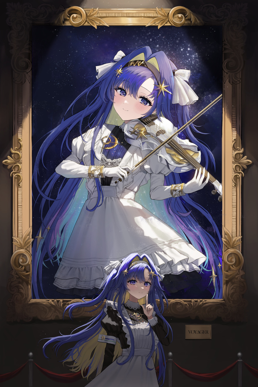 1girl, absurdres, apron, black_hairband, blue_eyes, blue_hair, blush, colored_inner_hair