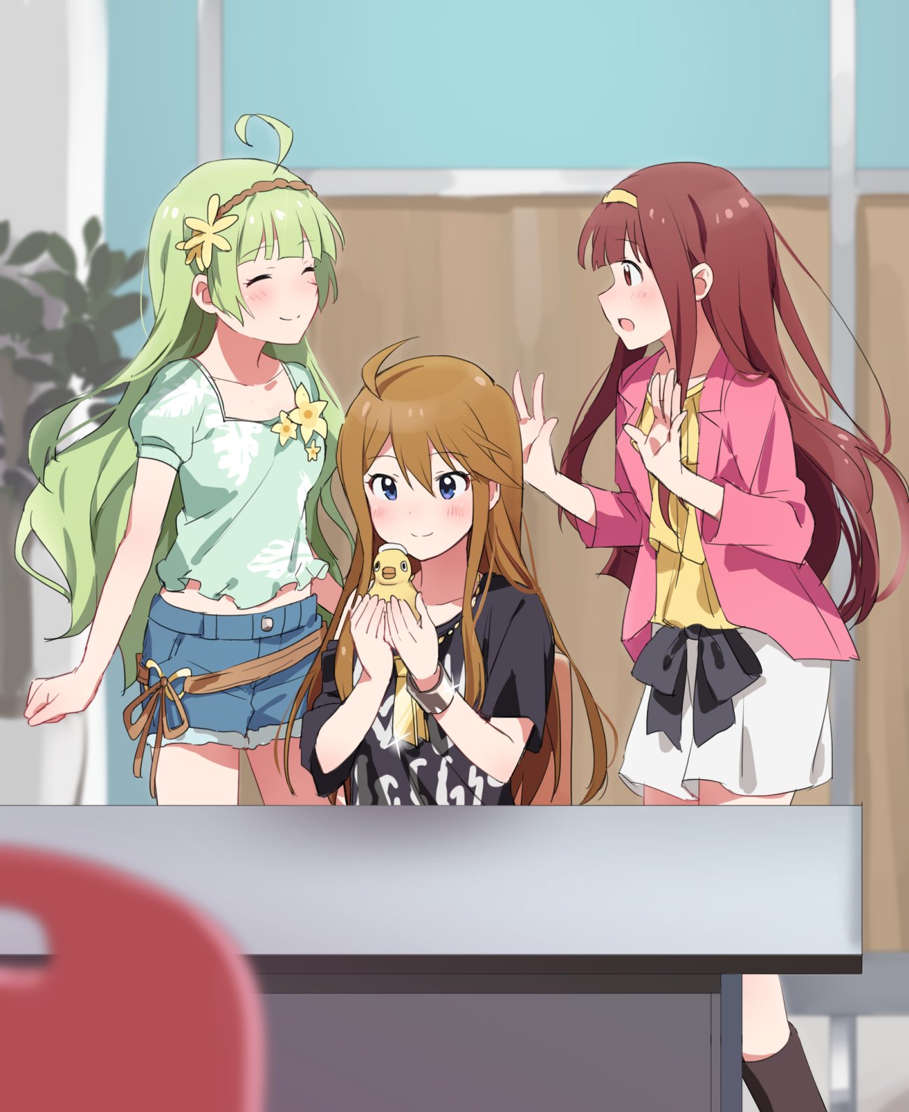 3girls, ahoge, black_bow, black_footwear, black_shirt, blue_eyes, blunt_bangs, blurry