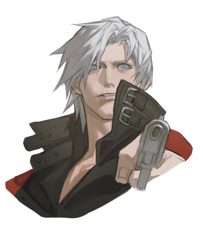1boy, abionicsheep, bishounen, blue_eyes, coat, dante_(devil_may_cry), devil_may_cry_(series), devil_may_cry_2, gun, highres, holding, holding_gun, holding_weapon, male_focus, parted_lips, pointing_gun, pointing_weapon, red_coat, simple_background, solo, weapon, white_hair