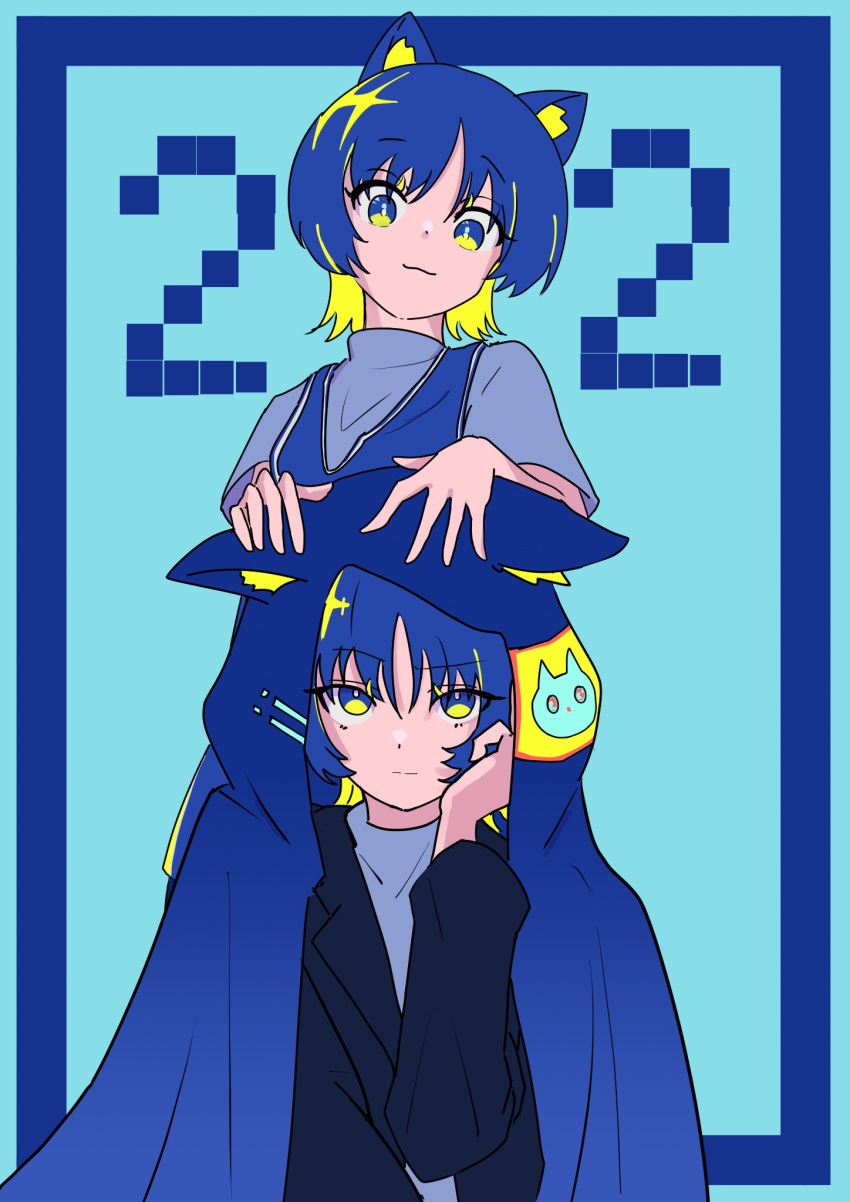 2023, :3, animal_ears, blue_eyes, blue_hair, cat_day, cat_ears, colored_inner_hair, highres, multicolored_hair, nira-chan, shimot13, short_hair, two-tone_hair, zutto_mayonaka_de_ii_no_ni