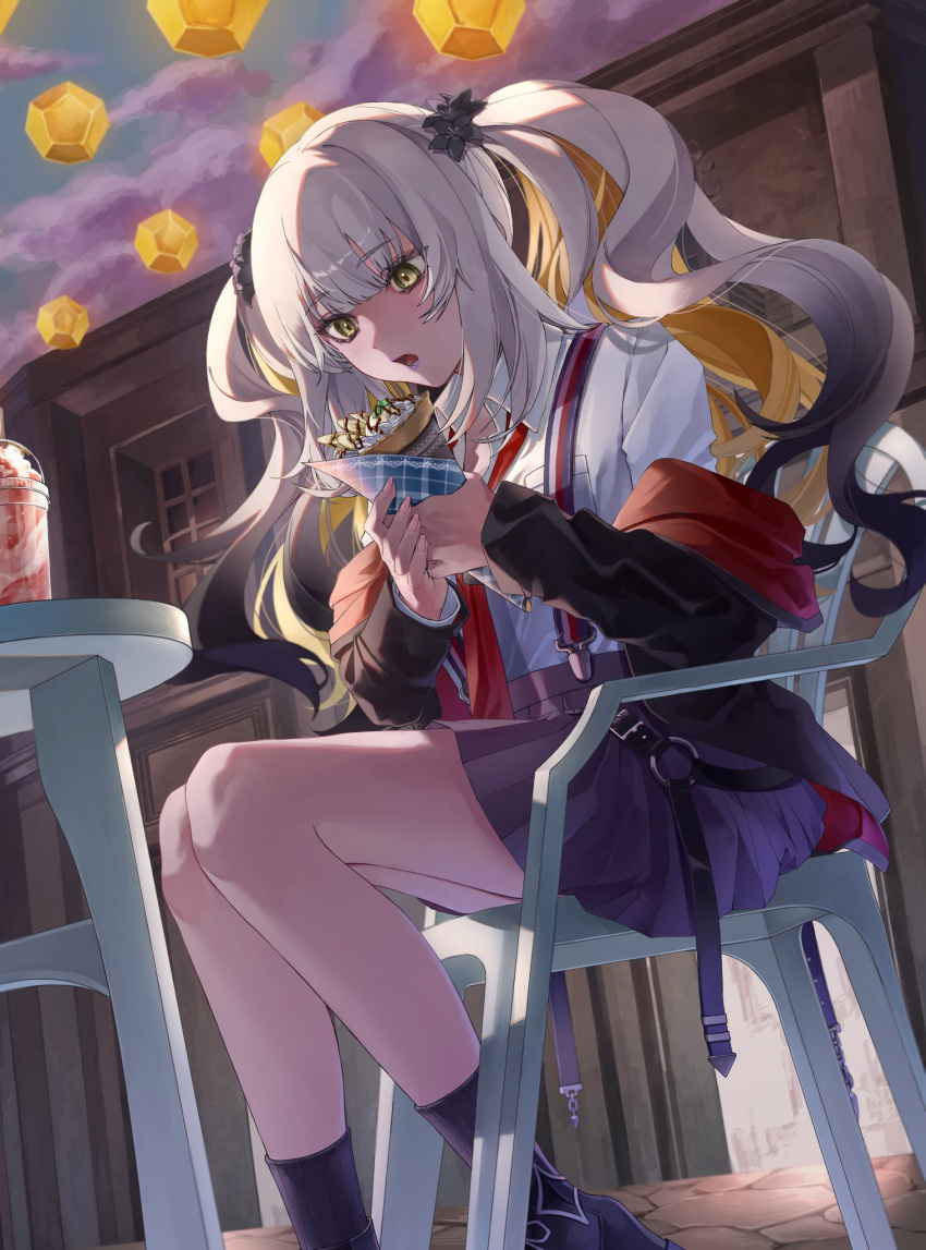 1girl, crepe, dress, eating, fate/grand_order, fate_(series), food, grey_hair, highres, ina_(rimuna_1228), jacket, long_hair, long_sleeves, looking_at_viewer, marie_antoinette_(alter)_(fate), marie_antoinette_(alter)_(first_ascension)_(fate), marie_antoinette_(fate), off_shoulder, school_uniform, shirt, sidelocks, sitting, skirt, socks, solo, thighs, twintails, two_side_up, white_dress, white_hair, white_jacket, white_shirt, yellow_eyes