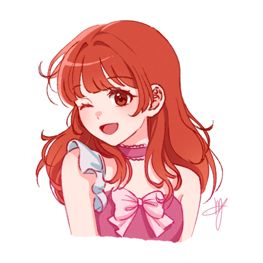 1girl, ;d, bare_shoulders, blunt_bangs, bow, brown_eyes, choker, commentary_request, cropped_torso, frilled_choker, frills, harune_aira, highres, korean_commentary, long_hair, looking_at_viewer, meng_(prism_shining), one_eye_closed, open_mouth, pink_bow, pink_choker, pretty_rhythm, pretty_rhythm_aurora_dream, pretty_series, redhead, signature, simple_background, smile, solo, upper_body, white_background