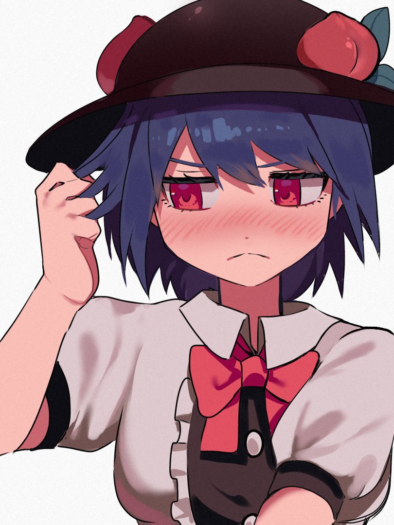 >:(, 1girl, averting_eyes, black_hat, blue_hair, blush, bow, buttons