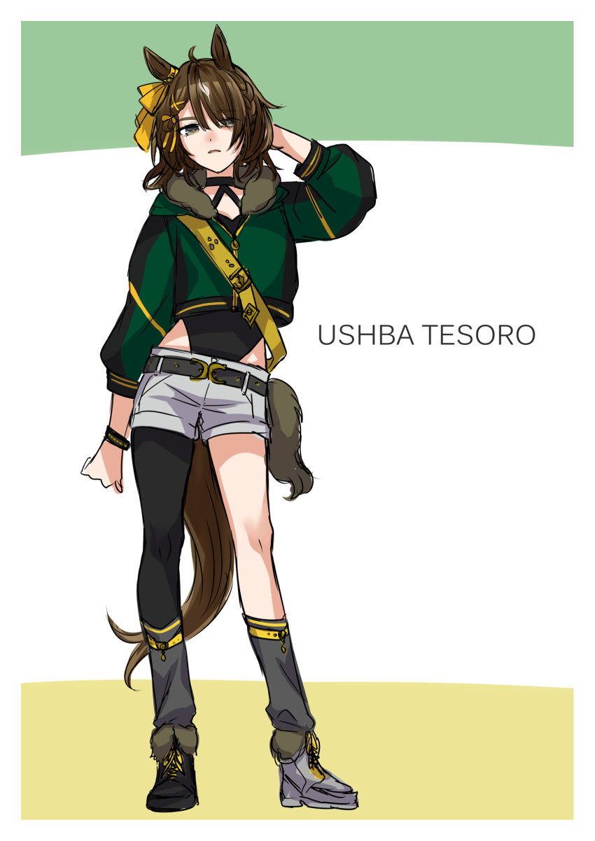 1girl, animal_ears, belt, black_belt, blue_eyes, bow, brown_hair, brown_tail