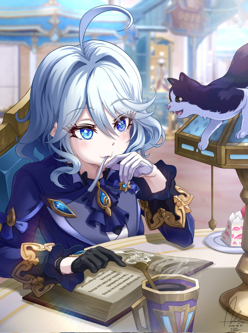 1girl, ahoge, ascot, asymmetrical_gloves, black_gloves, blue_ascot, blue_eyes, blue_jacket