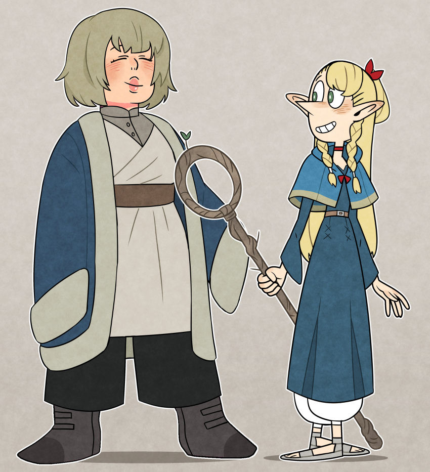 2girls, absurdres, alternate_art_style, blonde_hair, blue_capelet, boots, braid, brown_hair