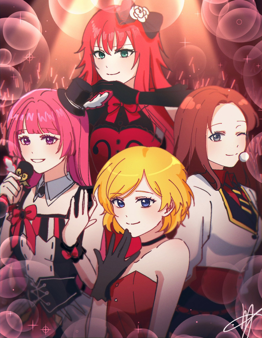4girls, audience, bare_shoulders, black_bow, black_choker, black_gloves, blonde_hair, blue_eyes, blunt_bangs, bow, brown_hair, choker, closed_mouth, commentary_request, detached_collar, gloves, glowstick, green_eyes, hair_bow, hand_up, hands_up, hat, highres, hojo_sophy, holding, holding_microphone, hye_in_(pretty_rhythm), idol, in-franchise_crossover, jacket, korean_commentary, long_hair, looking_at_viewer, meng_(prism_shining), microphone, mini_hat, multiple_girls, one_eye_closed, open_mouth, penlight_(glowstick), pretty_rhythm, pretty_rhythm_aurora_dream, pretty_rhythm_dear_my_future, pretty_rhythm_rainbow_live, pretty_series, pripara, redhead, renjouji_beru, short_hair, signature, smile, takamine_mion, trait_connection, upper_body, violet_eyes, white_jacket