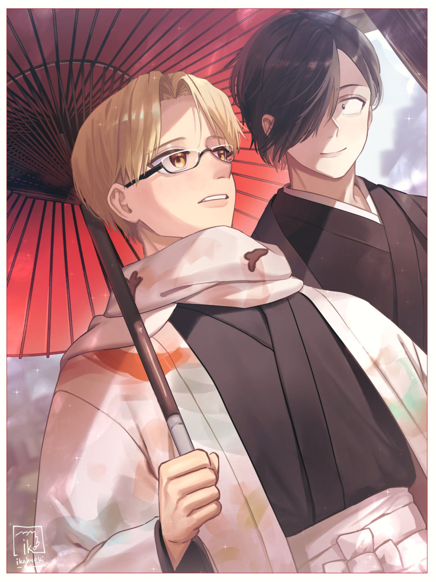 2boys, black_hair, black_kimono, blonde_hair, choujin_x, glasses, hair_over_eyes, higashi_azuma_(choujin_x)