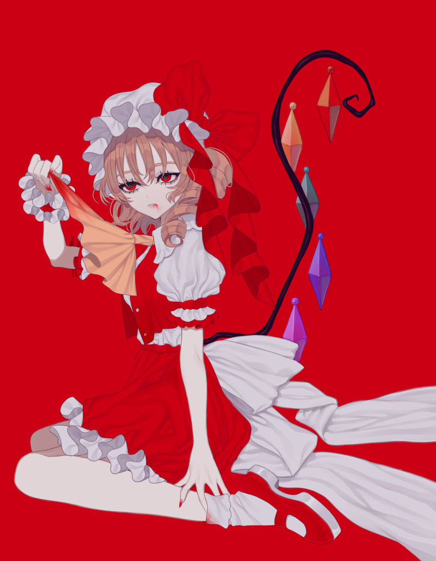 1girl, absurdres, blonde_hair, blood, blood_from_mouth, blood_on_clothes, bow, commentary