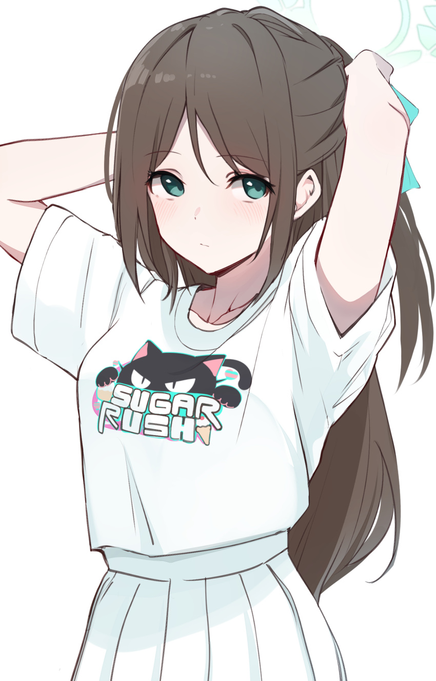 1girl, absurdres, adjusting_hair, airi_(band)_(blue_archive), airi_(blue_archive), arms_up, blue_archive, blush