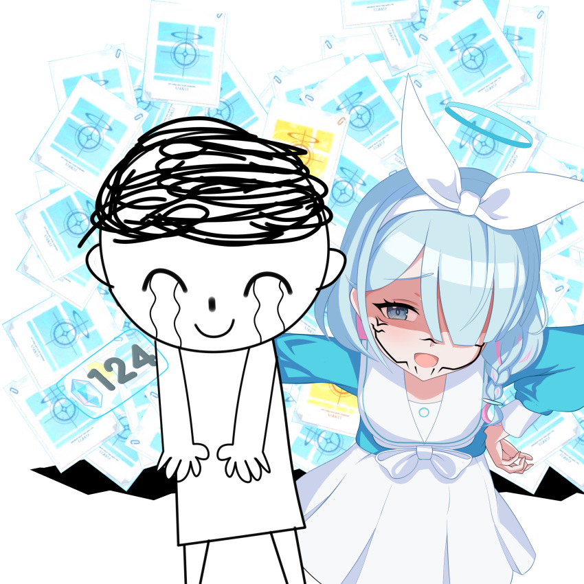1boy, 1girl, absurdres, arona_(blue_archive), blue_archive, blue_hair, blue_halo, blue_shirt