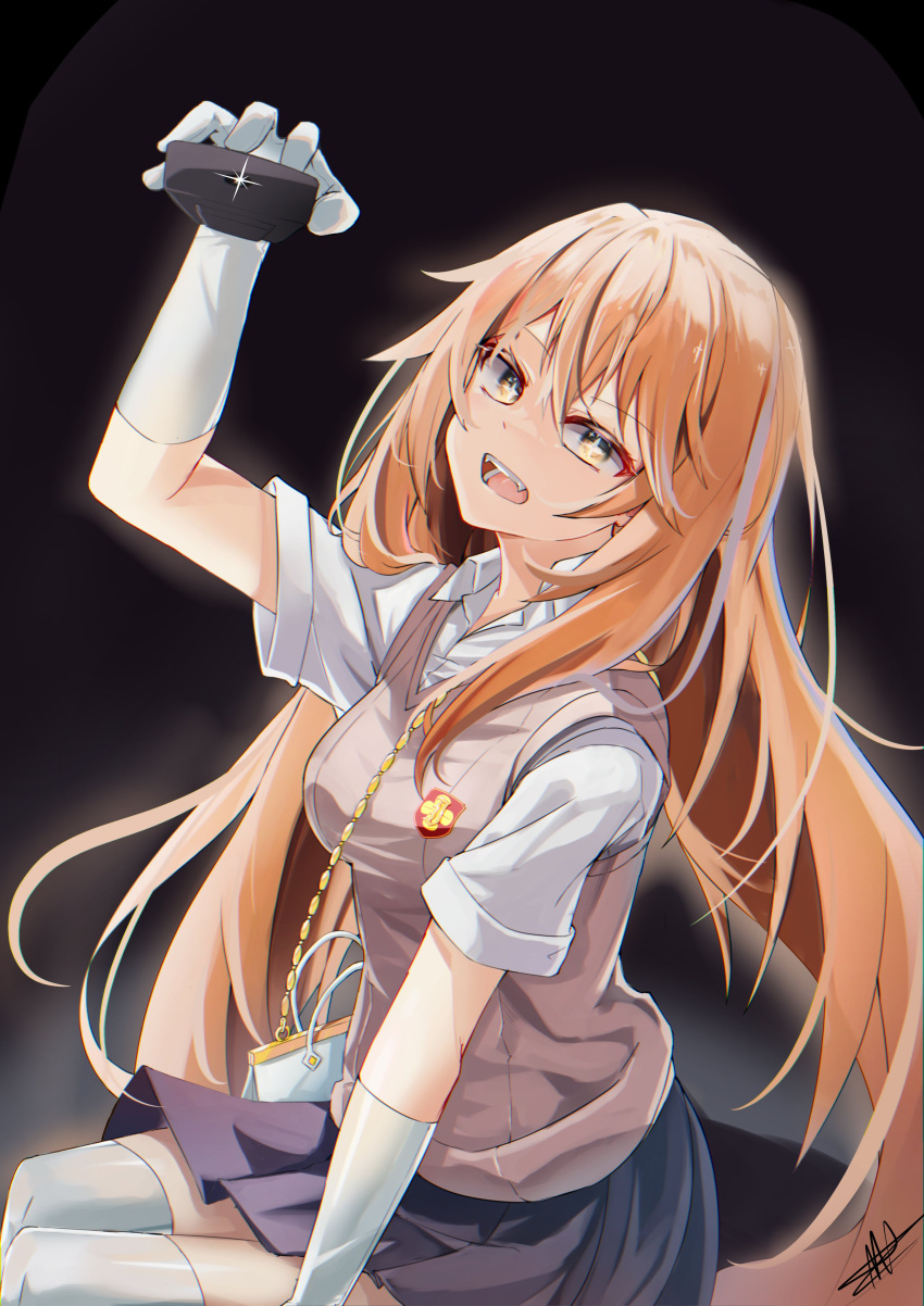 1girl, absurdres, aiming, aiming_at_viewer, arm_up, bag, blonde_hair, breasts